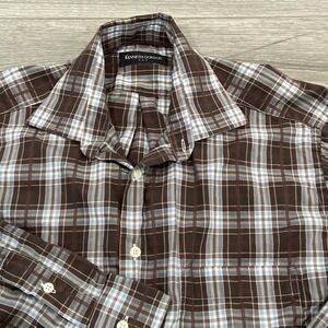 Vintage Kenneth Gordon Plaid Button Down Shirt Men Size M Brown Blue USA Made
